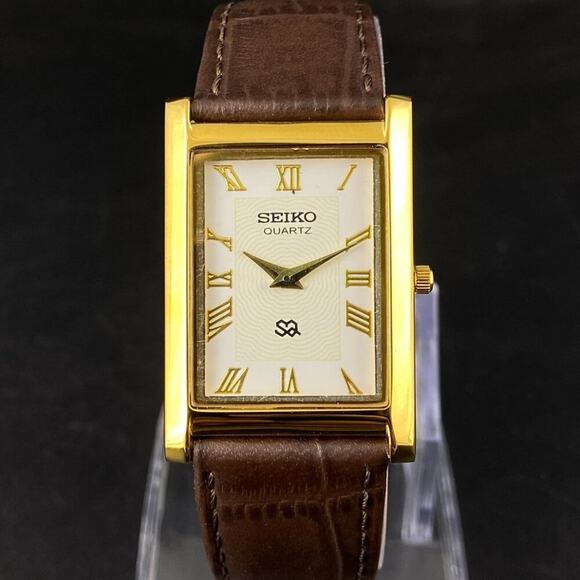 Vintage Style Seiko Quartz Mens Gold Watch & White accents W/ Leather Strap - Picture 1 of 8